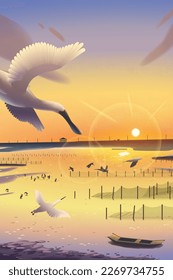 Illustration of beautiful sunset view of Qigu Lagoon in Tainan, Taiwan. Panorama sunset view and flock of black-faced spoonbill flying on the sky.