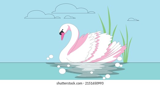Illustration of Beautiful Swans with Grass for Poster Print, Baby Greetings, Invitation, Children Store Flyer, Brochure, Book Cover in vector