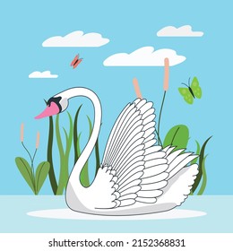 Illustration of Beautiful Swans with Grass for Poster Print, Duck Greetings, Invitation, Children Store Flyer, Brochure, Book Cover in vector