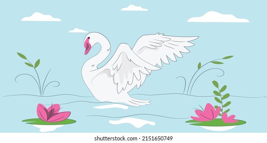 Illustration of Beautiful Swans with Water Lilies for Poster Print, Baby Greetings, Invitation, Children Store Flyer, Brochure, Book Cover in vector