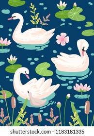 Illustration of Beautiful Swans with Water Lillies for Poster Print, Baby Greetings, Invitation, Children Store Flyer, Brochure, Book Cover in vector