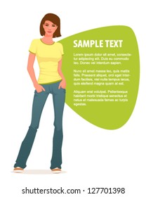 illustration of a beautiful teenage girl in jeans. Highchool or university student standing with her hands in pockets.