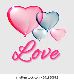 The illustration of beautiful Valentine background with heart balloons and letters. Vector image.