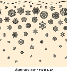 Illustration. Beautiful vector beige, brown and green snowflakes. Snowflakes, snowfall. Falling Christmas stylized snowflakes.