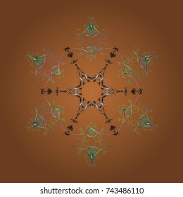 Illustration. Beautiful vector brown, green and gray snowflakes isolated on a colorful background. Falling Christmas stylized snowflakes. Snowflakes, snowfall.
