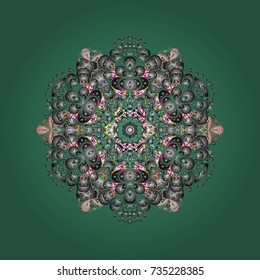 Illustration. Beautiful vector green, gray and white snowflakes isolated on a colorful background. Falling Christmas stylized snowflakes. Snowflakes, snowfall.