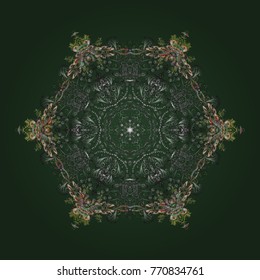 Illustration. Beautiful vector green, gray and brown snowflakes isolated on a colorful background. Falling Christmas stylized snowflakes. Snowflakes, snowfall.