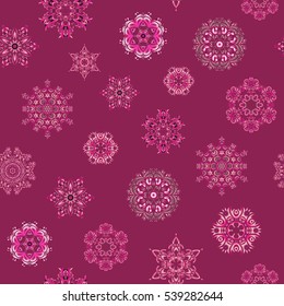 Illustration. Beautiful vector snowflakes isolated on purple background. Falling Christmas stylized snowflakes. Snowflakes, snowfall.