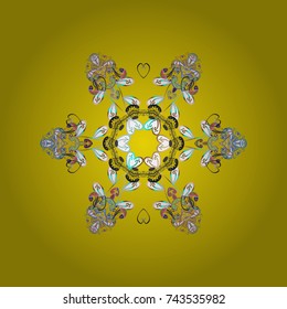 Illustration. Beautiful vector yellow, white and gray snowflakes isolated on a colorful background. Falling Christmas stylized snowflakes. Snowflakes, snowfall.