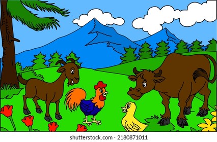 Ilustración de una hermosa vista de montañas y árboles acompañados de cabras, pollos y vacas. Arte vectorial