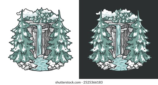 Illustration of a beautiful waterfall flowing between snowy fir trees and mountains, perfect for designs related to winter sports, nature, and adventure