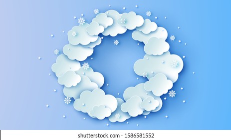 Illustration of beautiful winter sky with clouds and snowflakes in circle shape. Winter circle frame. paper cut and craft style. vector, illustration.