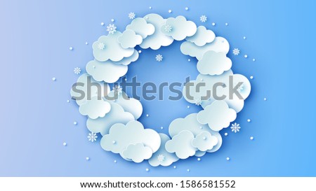 Illustration of beautiful winter sky with clouds and snowflakes in circle shape. Winter circle frame. paper cut and craft style. vector, illustration.