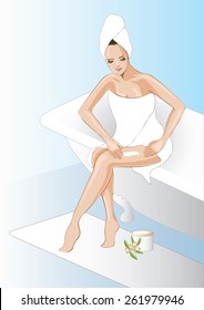 Illustration of a beautiful woman applying moisturizer after a bath