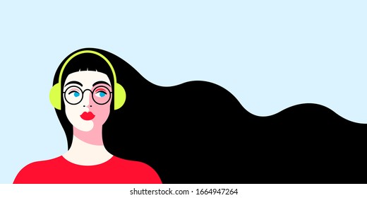 Illustration of beautiful woman with black hair in glasses with headphones