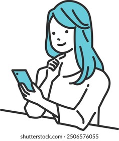 An illustration of a beautiful woman checking her blue smartphone while sitting at a table. The image is styled with simple lines and a limited color palette, showcasing the upper body of a smiling yo