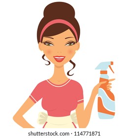 An illustration of a beautiful woman cleaning with detergent spray