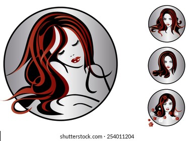 Illustration of a beautiful woman with closed eyes, kind and full lips, with thick beautiful hair different colors and streaks of silver and blue