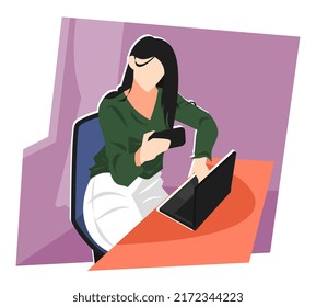 illustration of a beautiful woman content creator preparing her work with a smartphone and laptop. streaming, videos. profession concepts and themes, work from home, work, business, etc. flat vector