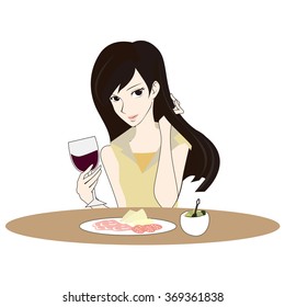 Illustration of beautiful woman drinking red wine