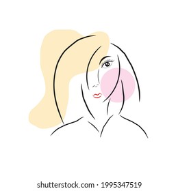 Illustration of a beautiful woman face with red lips. One line art, simple sketch isolated in white background.