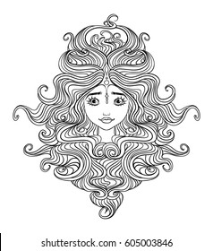 Illustration of a beautiful woman face with tangled hair for coloring book. Gorgon medusa.  Vector illustration.