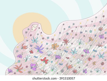 Illustration of beautiful woman with floral hair, sunny skies in the background.