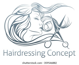 An illustration of a beautiful woman having her hair cut by hairdresser scissors. 