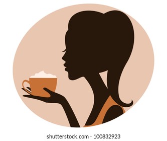 Illustration of a beautiful woman holding a cup of delicious cappuccino.