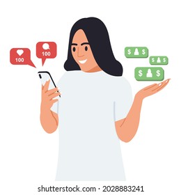 Illustration of a beautiful woman with long hair who earns money from social media using her smartphone.