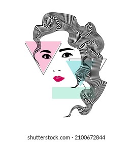 Illustration of beautiful woman with long wavy line hair. Vector illustration