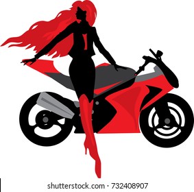 Illustration of beautiful woman with motorcycle. Biker culture