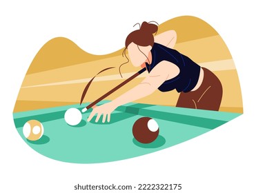 illustration of beautiful woman playing billiard. landscape. the concept of sport, game, hobbiy, bar, etc. flat vector illustration