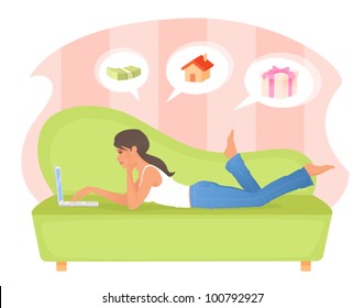 illustration of a beautiful woman relaxing with laptop