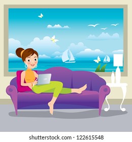 illustration of a beautiful woman relaxing with laptop on sofa