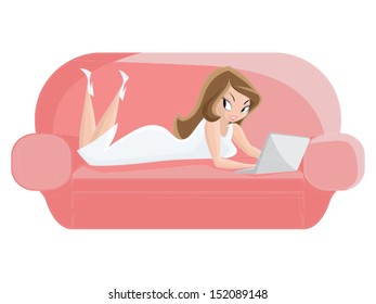 illustration of a beautiful woman relaxing with laptop