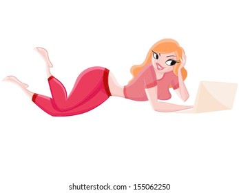 illustration of a beautiful woman relaxing with laptop