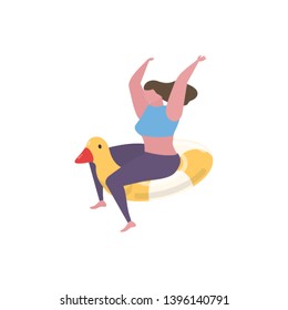 Illustration of beautiful woman relaxing on a rubber duck ring