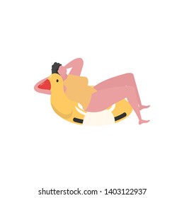 Illustration of beautiful woman relaxing on a rubber duck ring
