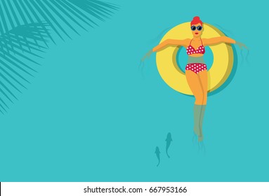 Illustration of beautiful woman relaxing on a rubber ring in the sea, vector