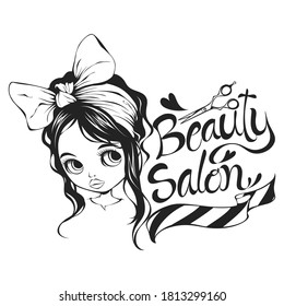 Illustration beautiful woman, ribbon, scissors and the letters word 'beauty salon'. Black and white style tattoo. Use for decoration, sticker, logo, wall decor, pattern and more.