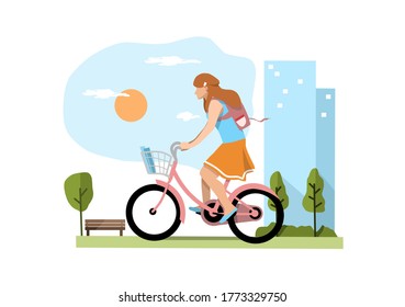 illustration of a beautiful woman riding bicycle going to school flat design vector