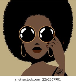  Illustration of a beautiful woman with round glasses and large hoop earrings and curly hair.
