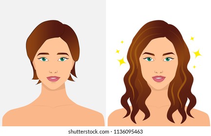 Illustration with a beautiful woman with short and long hair. Hair increase concept. Before and after concept