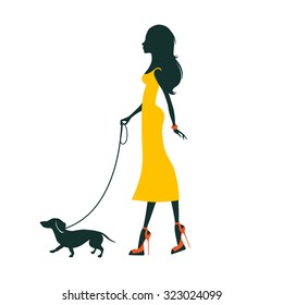 Illustration of a Beautiful woman silhouette  with dachshund