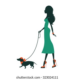 Illustration of a Beautiful woman silhouette  with dachshund