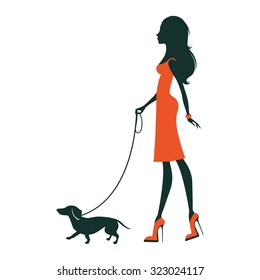 Illustration of a Beautiful woman silhouette  with dachshund