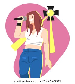 illustration of a beautiful woman singing on stage. equipped with studio lights. concept of concert, band, music, art, etc. flat vector