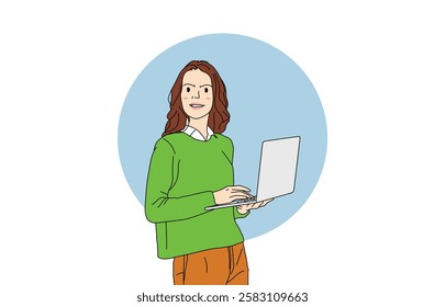 illustration of beautiful woman standing and holding laptop