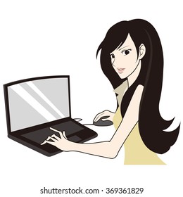 Illustration of beautiful woman using computer for work or hobby.